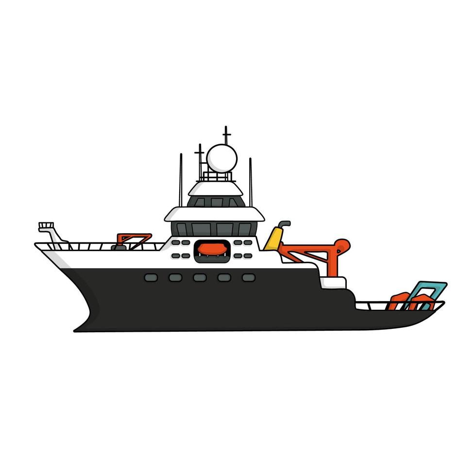 Black white research vessel, vector hand drawn isolated illustration, deep sea expedition ship on white background