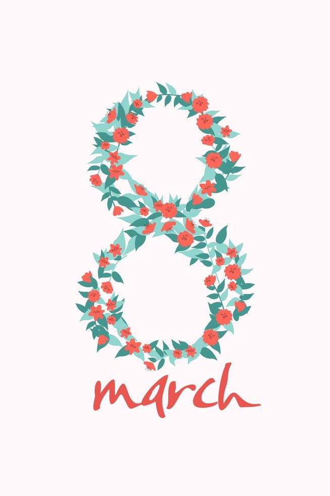 International Women's Day  postcard. Digit eight made of simple hand drawn tender flowers with text 8 march. vector