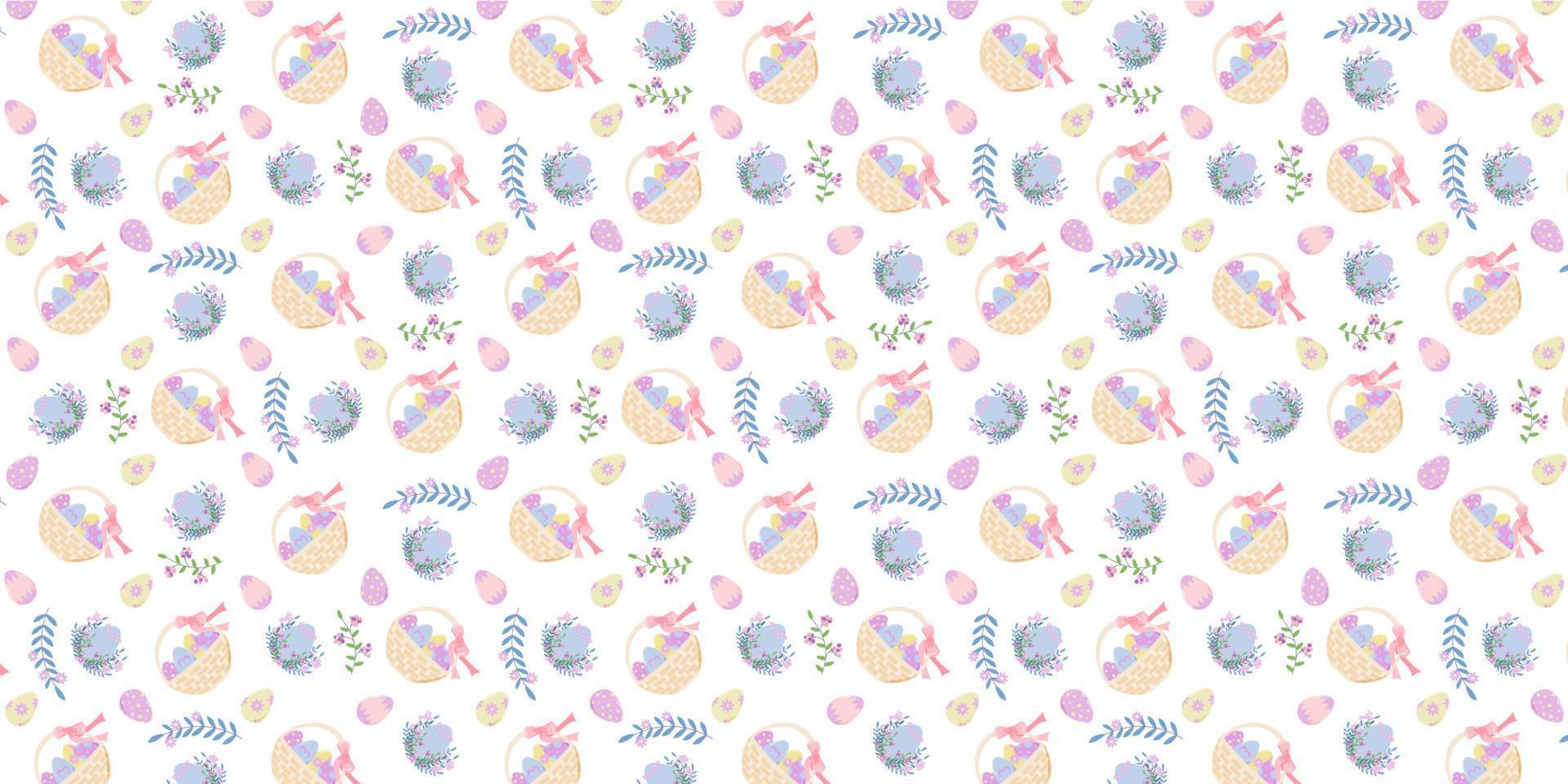 Seamless Easter pattern with eggs and a basket in pastel colors. Pattern from eggs and twigs of plants and baskets with eggs. Vector illustration for fabric, background, packaging