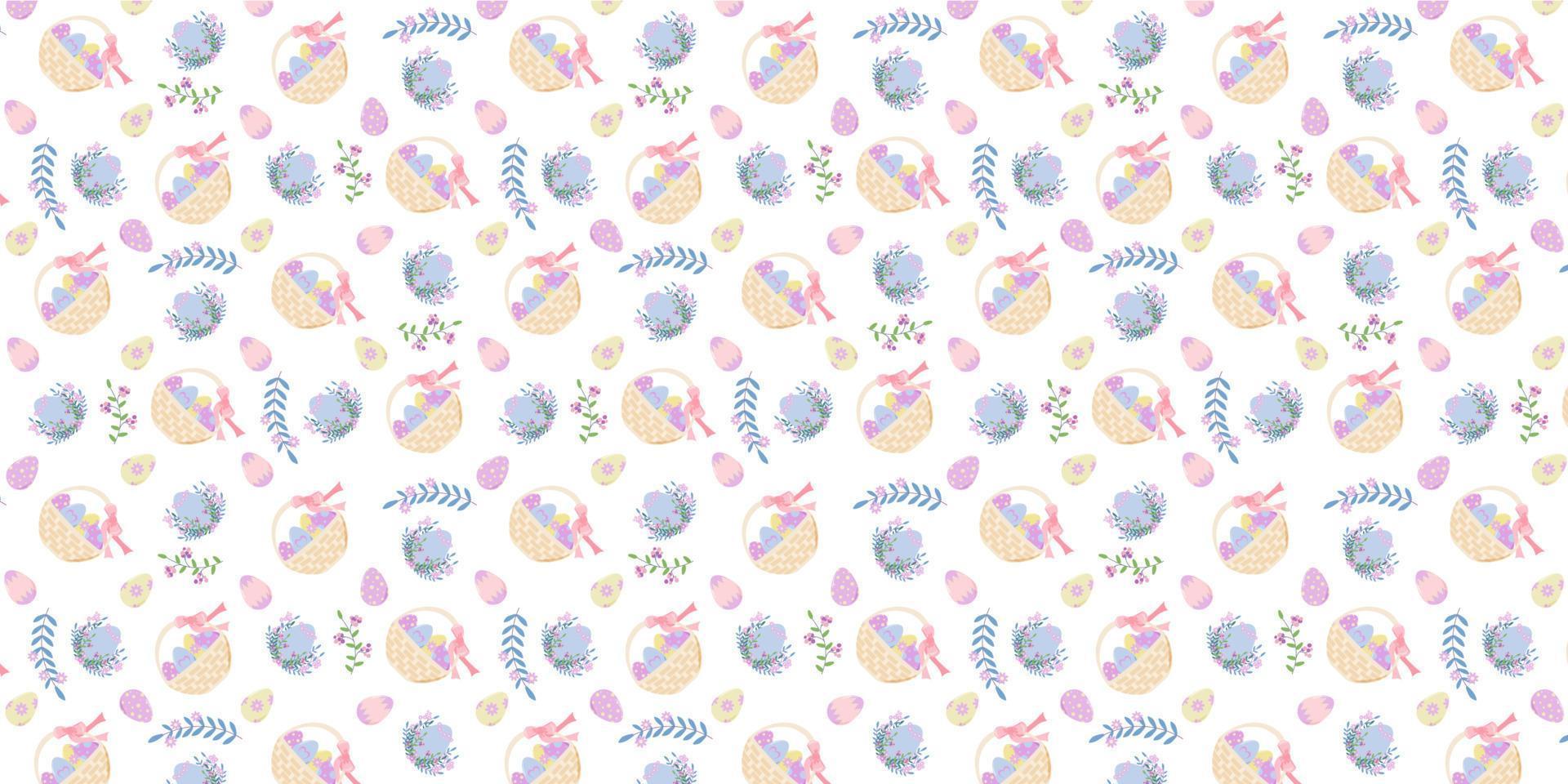 Seamless Easter pattern with eggs and a basket in pastel colors. Pattern from eggs and twigs of plants and baskets with eggs. Vector illustration for fabric, background, packaging