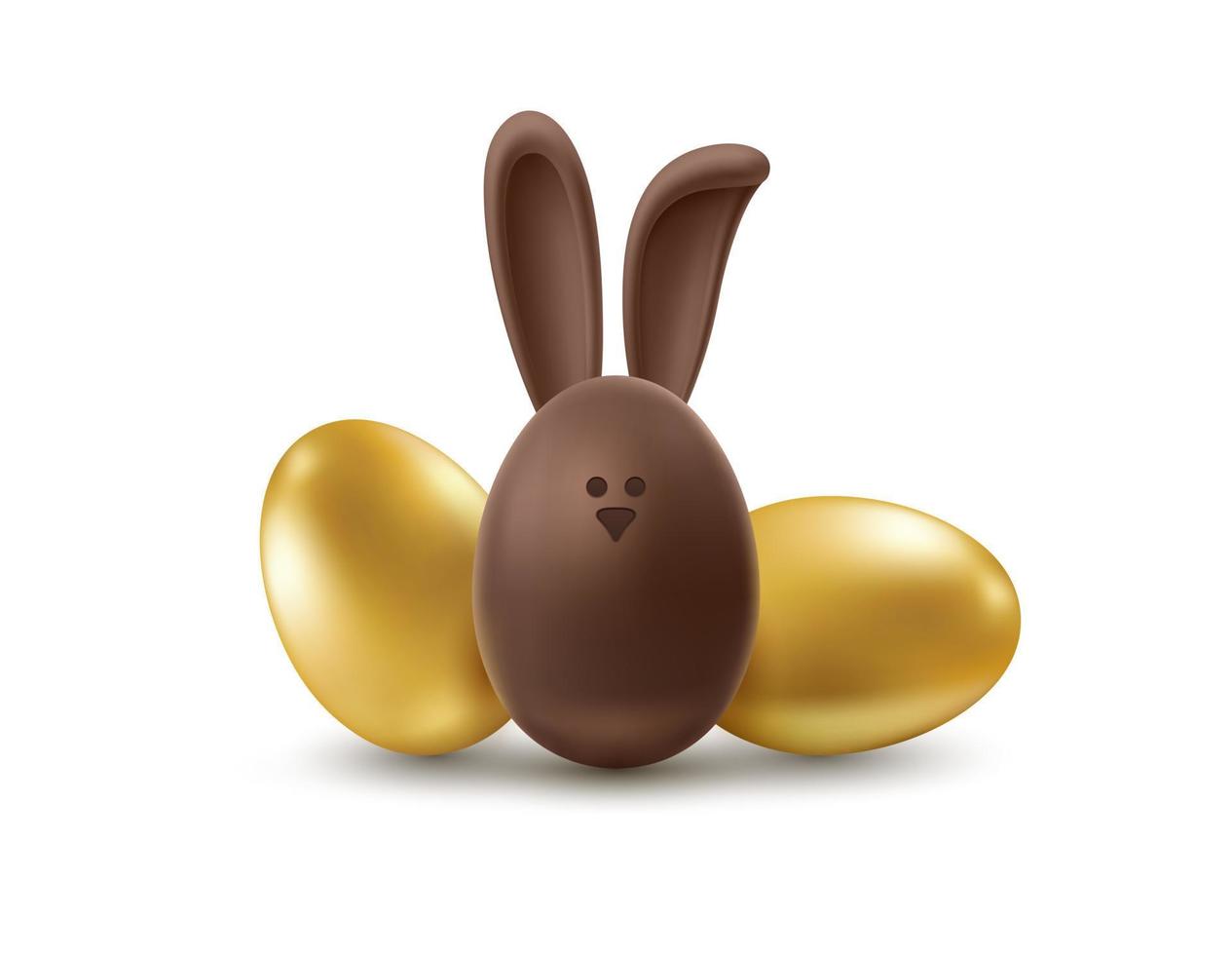 Vector template of painted Easter eggs and rabbit on isolated background. Colorful illustration of 3D volumetric golden egg and chocolate bunny with ears for greeting card, banner, poster.