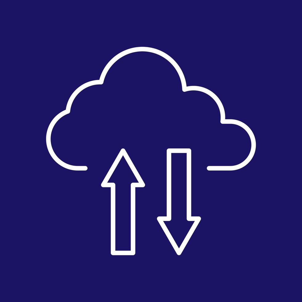 Simple vector data upload and download arrow and cloud, thin line icon style dark blue background, internet online data transfer, information access to database cloud computing concept.