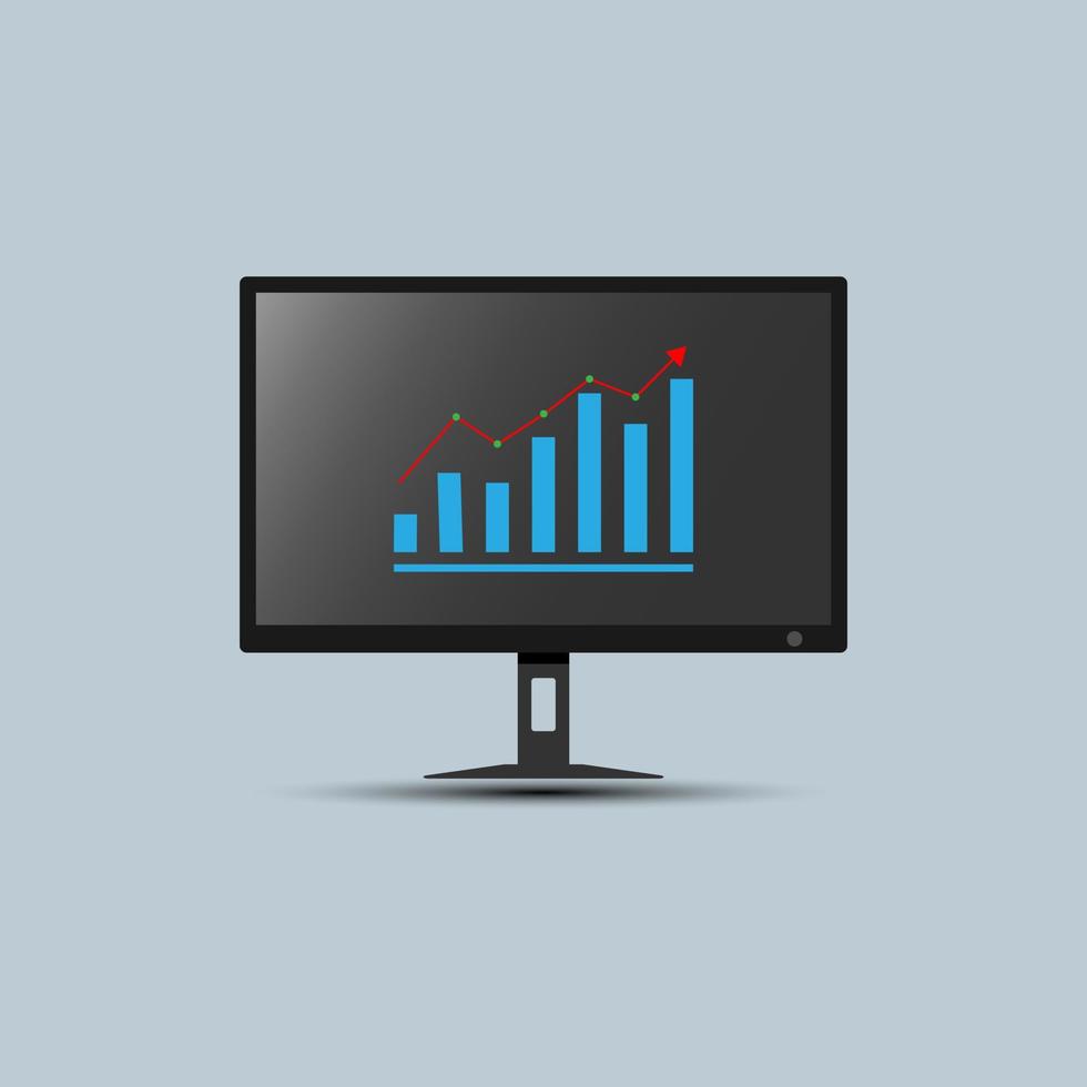 Vector gradient black computer pc monitor with growth business chart diagram small shadow, display screen technology concept, single object free space for individual text and graphic design