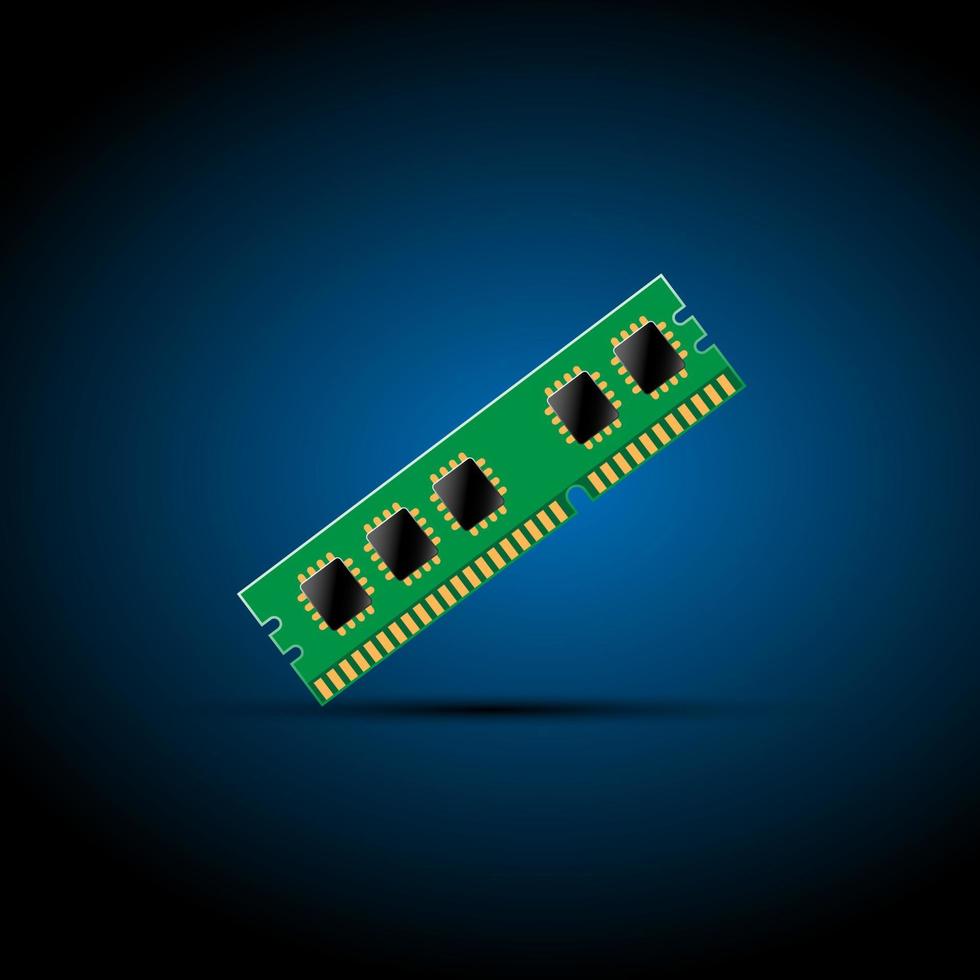 Vector computer RAM card on the gradient blue dark background, hardware small shadow, circuit processor speed, technology and science, modern design, copy space for individual text and design