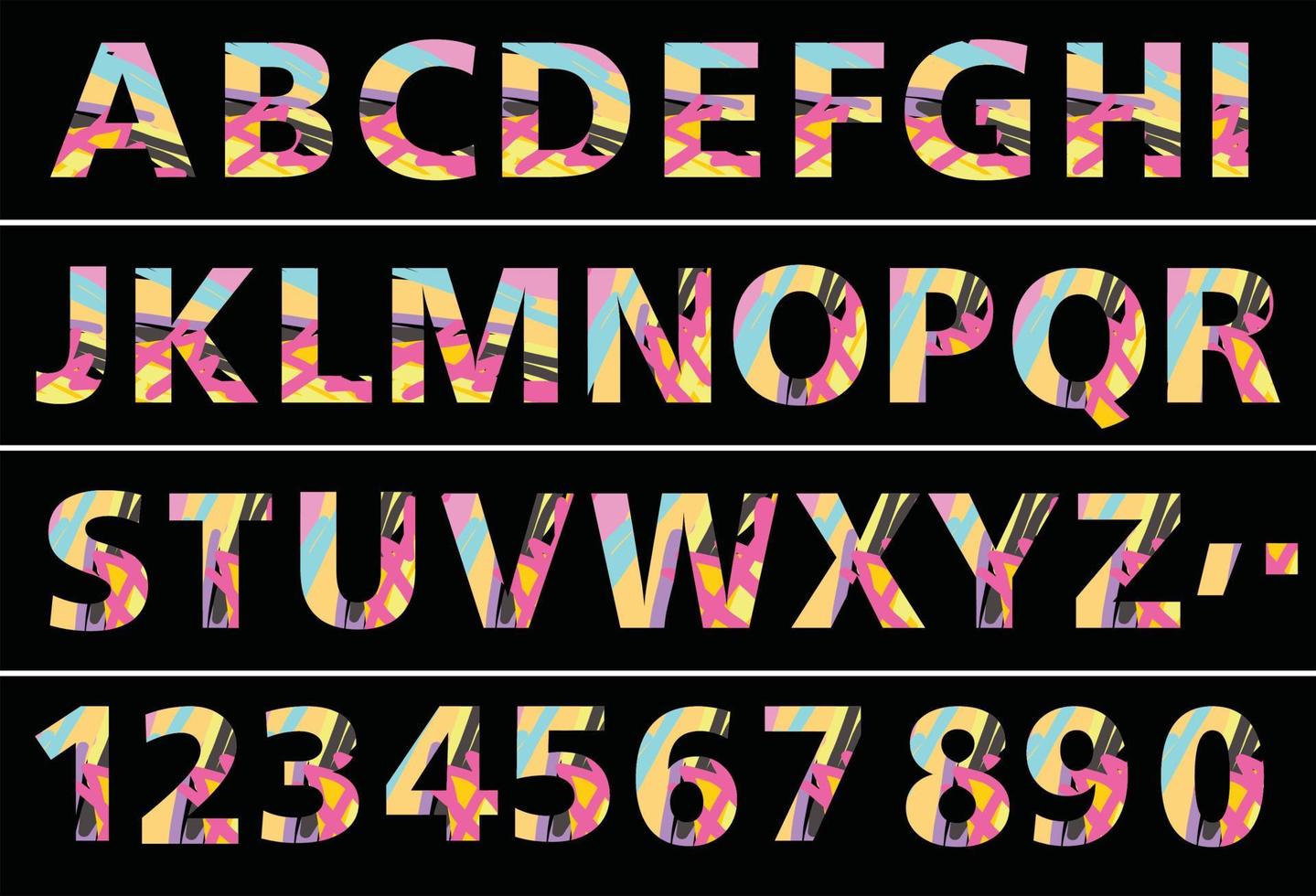 vector illustration set off decorative font, futuristic, full color alphabet, in black background