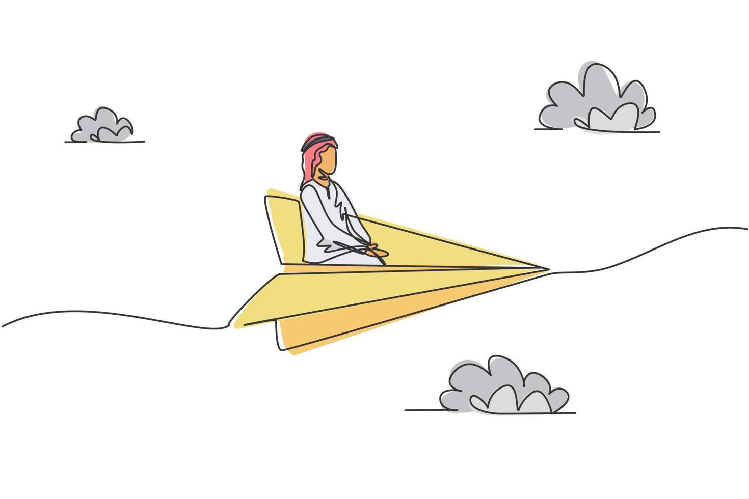 dibujo continuo de una línea de un joven trabajador árabe sentado relajarse en un avión de papel volador. concepto de metáfora minimalista de viaje de negocios de éxito. Ilustración gráfica de vector de diseño de dibujo de una sola línea
