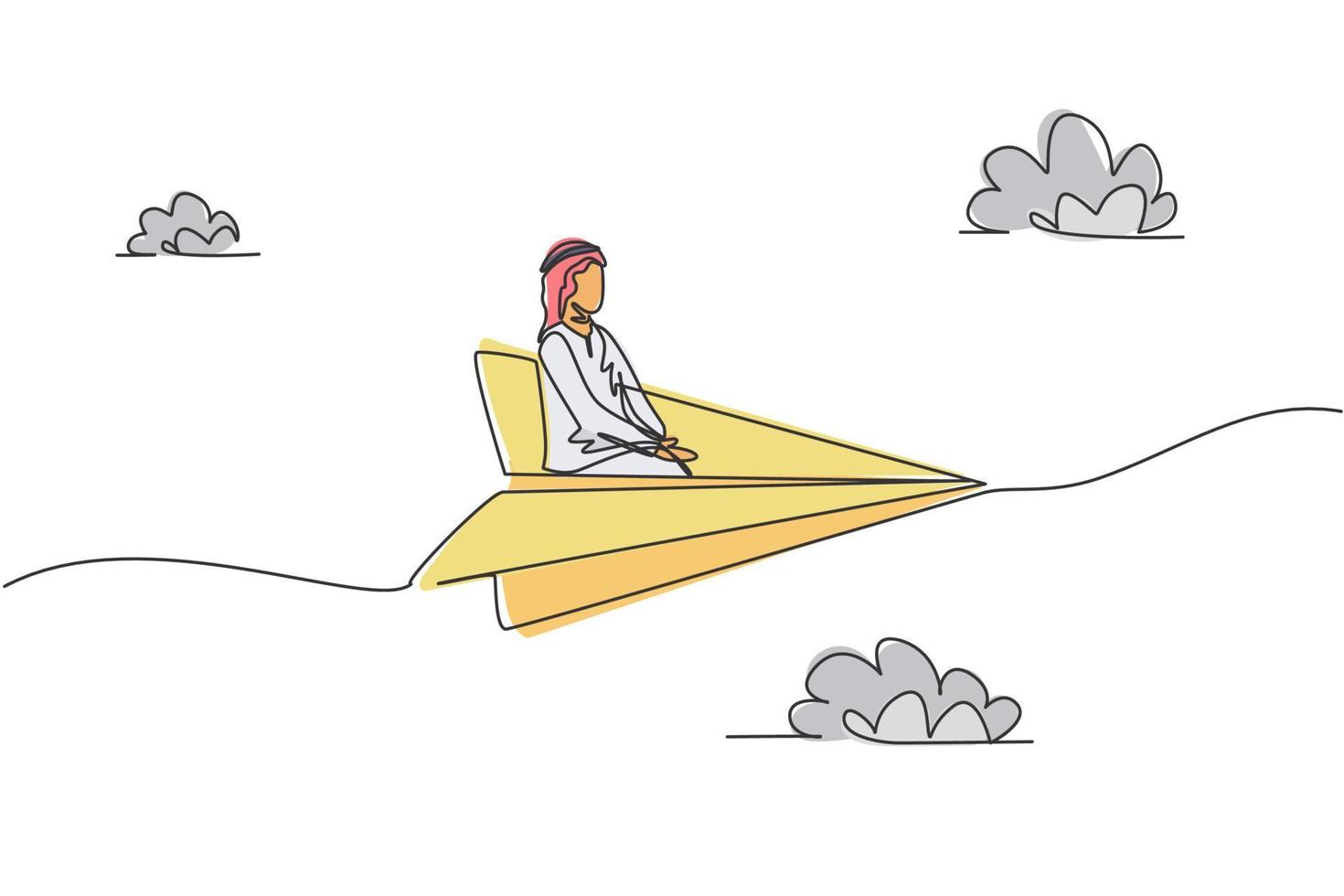 Continuous one line drawing of young Arab male worker sitting relax on flying paper airplane. Success business trip minimalist metaphor concept. Single line draw design vector graphic illustration