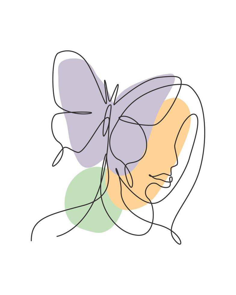 un dibujo de línea continua rostro abstracto de mujer sexy con logo de alas de mariposa. concepto de estilo minimalista de retrato femenino. icono cosmético. Ilustración de vector gráfico de diseño de dibujo de línea única dinámica