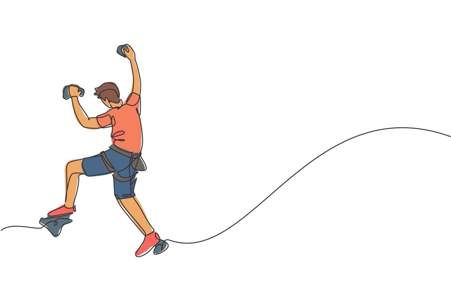 One single line drawing of young active man climbing on cliff mountain holding safety rope vector graphic illustration. Extreme outdoor sport and bouldering concept. Modern continuous line draw design