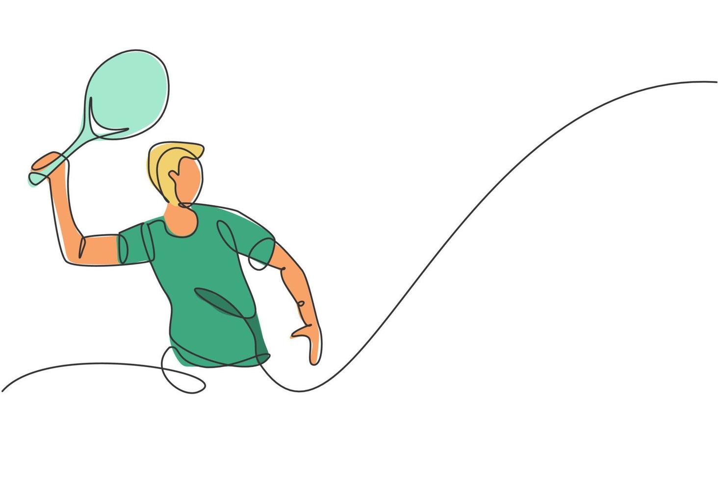 Single continuous line drawing of young agile tennis player hold the ball from opponent. Sport exercise concept. Trendy one line draw design vector illustration for tennis tournament promotion media