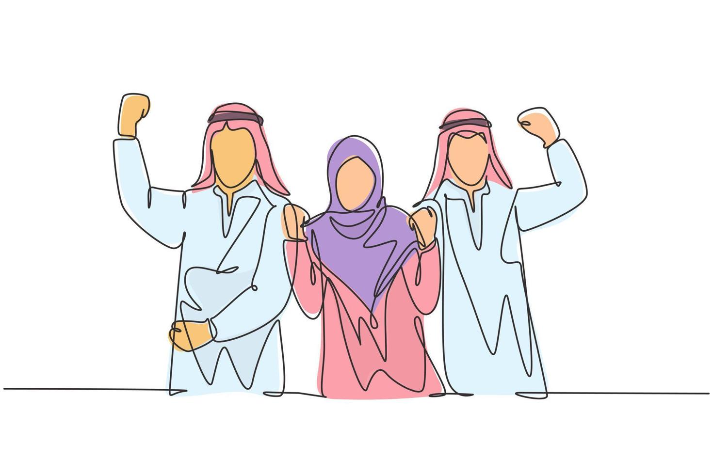 One single line drawing of young happy muslim marketing staff show teamwork. Saudi Arabian businessmen with shmag, kandora, headscarf, thobe, ghutra. Continuous line draw design vector illustration