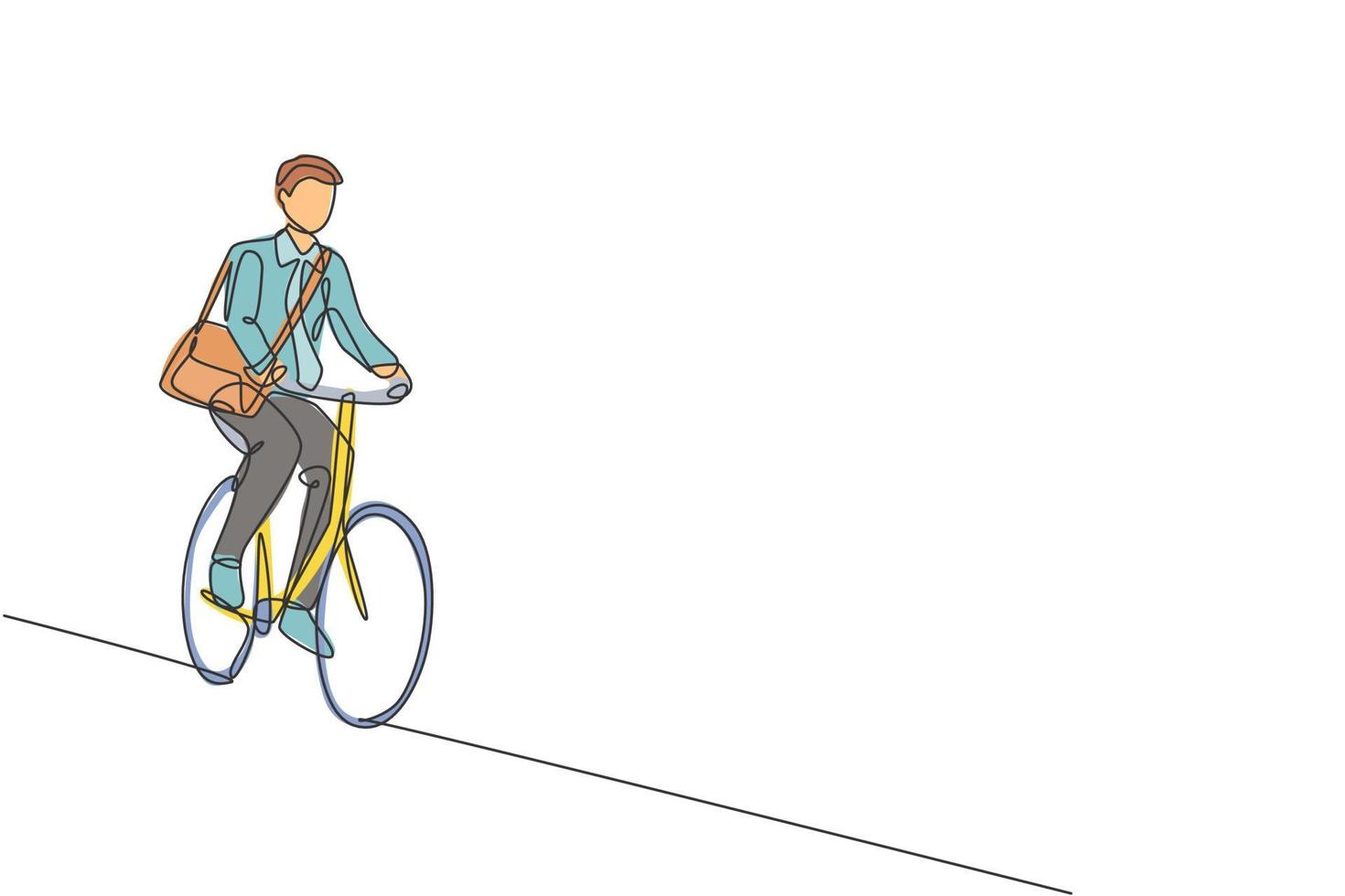 One continuous line drawing of young professional manager man cycling ride bicycle to his office. Healthy working urban lifestyle concept. Dynamic single line draw design vector illustration graphic