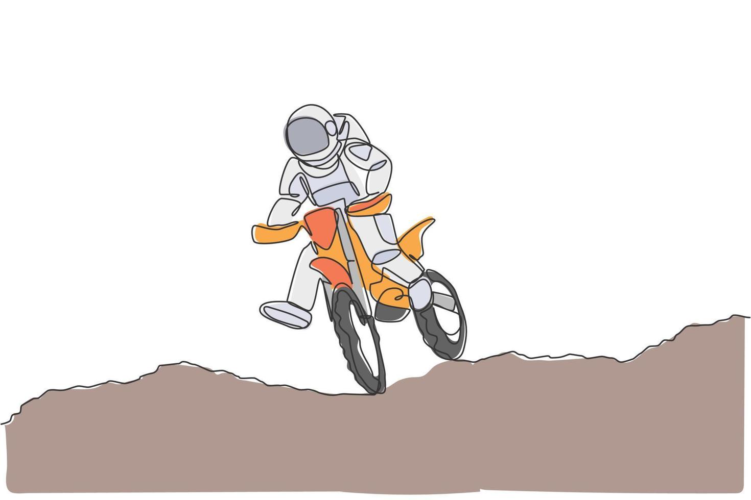 Un astronauta astronauta de dibujo de una sola línea practicando motocross en la ilustración de vector de galaxia cósmica. concepto de deporte de estilo de vida saludable cosmonauta del espacio exterior. diseño de dibujo gráfico de línea continua moderna