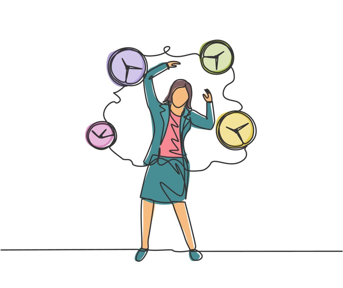 Single continuous line drawing stressful business woman surrounded by flying analog clocks. Minimalism metaphor business deadline concept. Dynamic one line draw graphic design vector illustration.