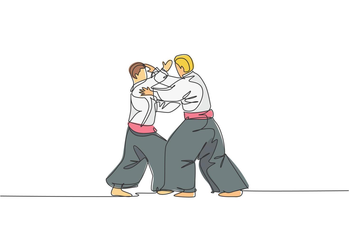 Single continuous line drawing of two young sportive man wearing kimono practice aikido technique woth sparring fight. Japanese martial art concept. Trendy one line draw design vector illustration