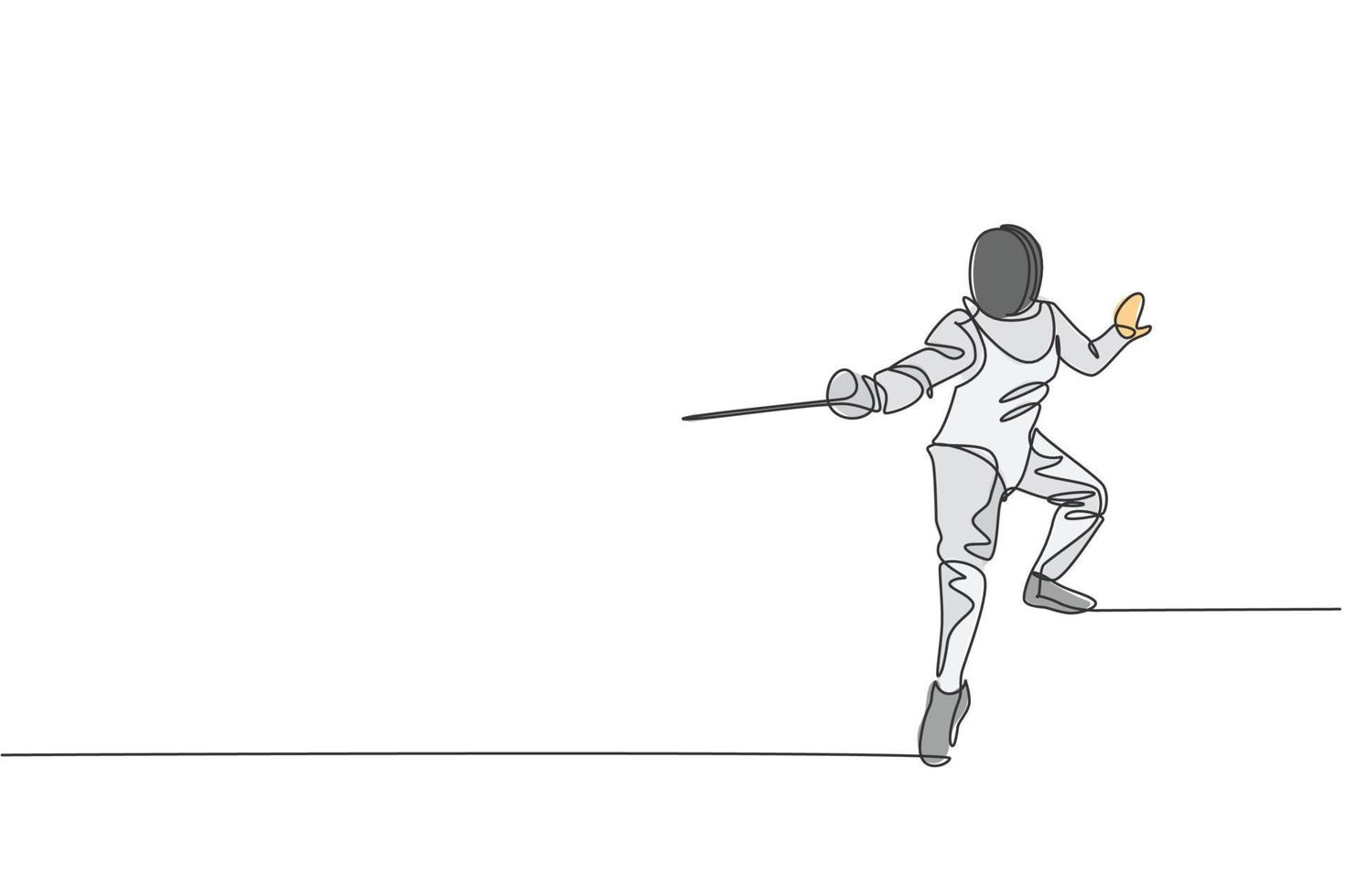 One single line drawing of young man fencer athlete in fencing costume exercising motion on sport arena vector illustration. Combative and fighting sport concept. Modern continuous line draw design