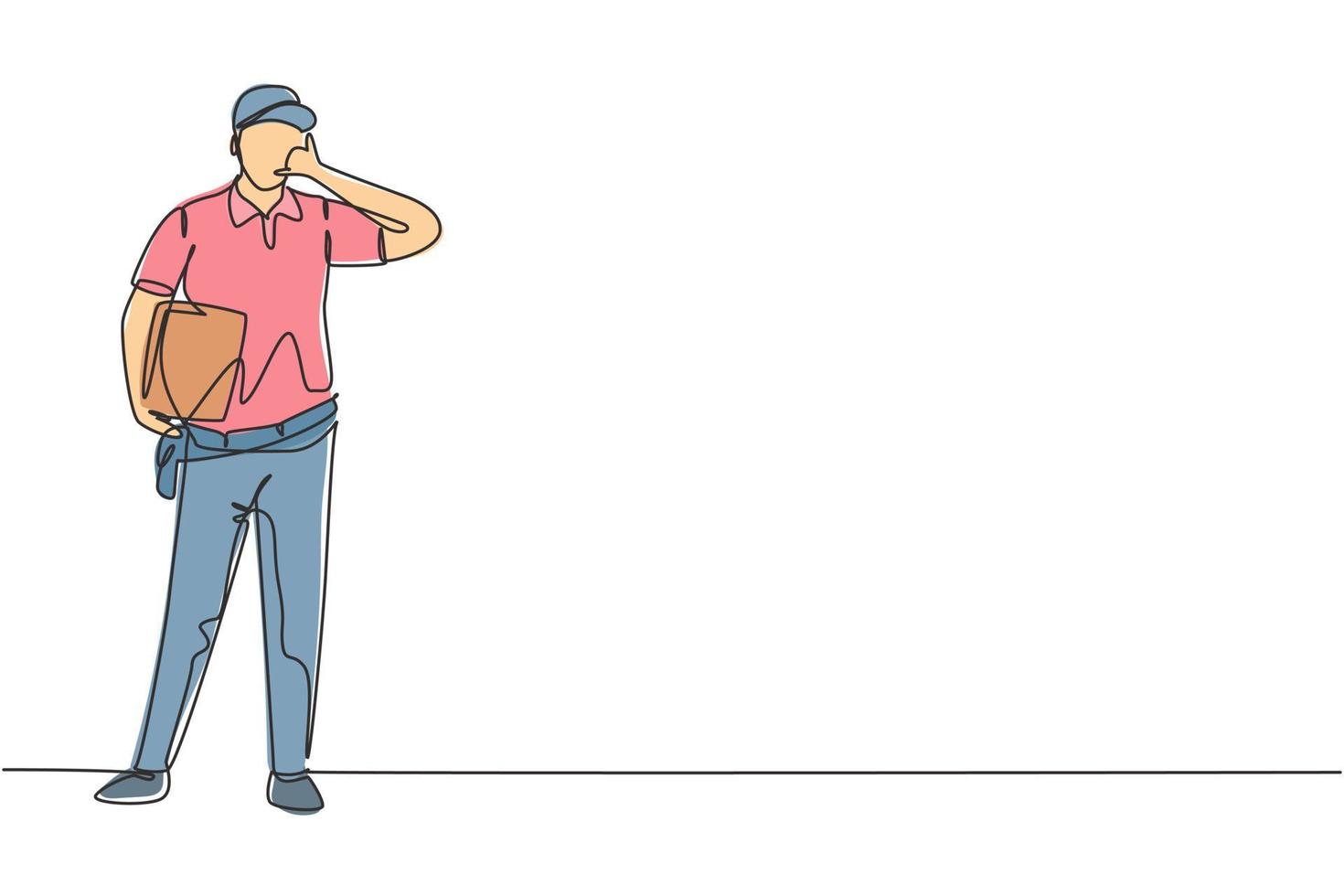 Single continuous line drawing deliveryman stands with call me gesture carrying package box that customer order to be delivered safely. Success job. One line draw graphic design vector illustration