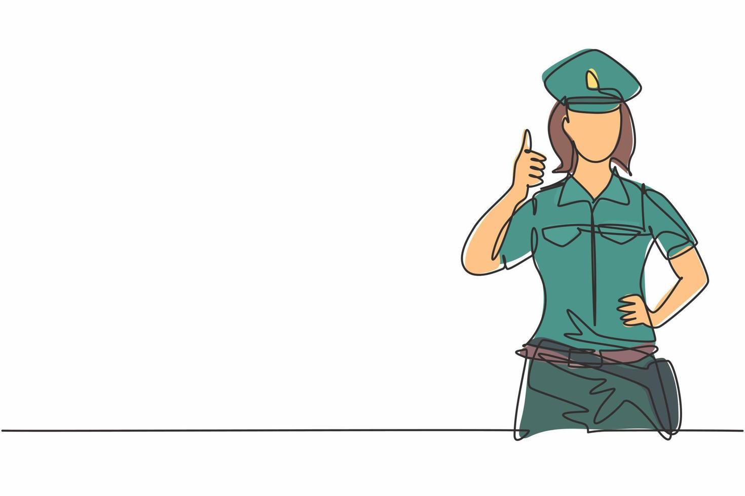 Una sola línea continua dibujando a la mujer policía con un gesto de pulgar hacia arriba y en uniforme completo está lista para imponer la disciplina de tráfico en la carretera. Ilustración de vector de diseño gráfico de dibujo de una línea