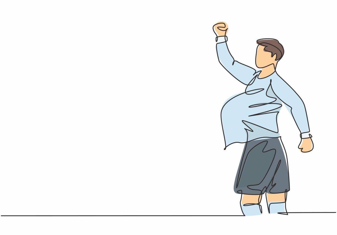 Un solo dibujo de línea continua de un joven jugador de fútbol deportivo hace un gesto de embarazo con la pelota después de marcar el gol. Concepto de celebración de gol de fútbol de partido diseño de dibujo de una línea ilustración vectorial vector
