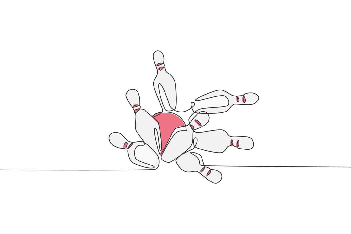 One continuous line drawing lined up bowling pins falling apart hit by ball at bowling lane. Healthy sport and lifestyle activity concept. Dynamic single line draw graphic design vector illustration