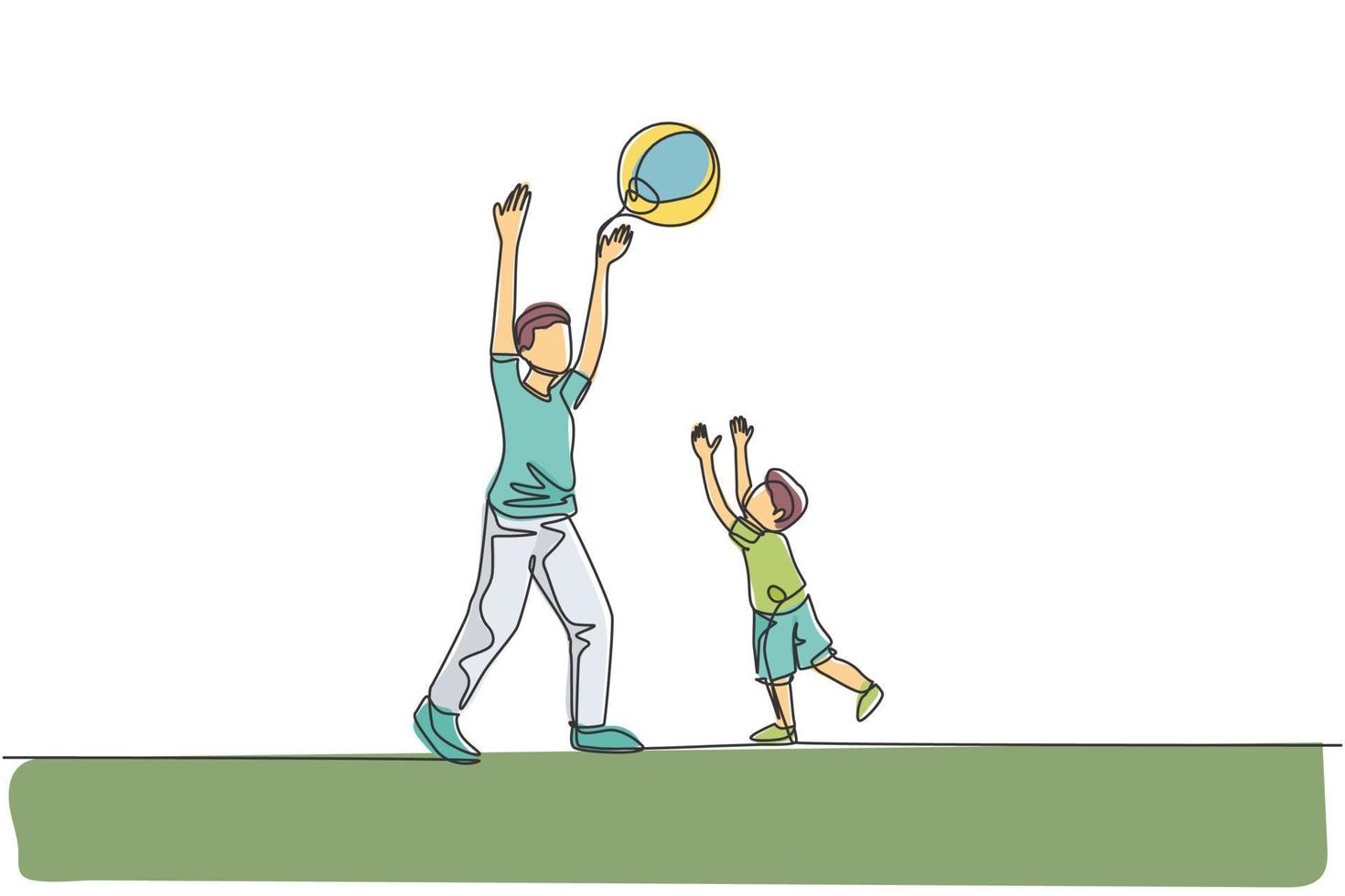 One continuous line drawing of young father playing throw beach ball with his son at home. Happy family parenthood concept. Dynamic single line draw graphic design vector illustration