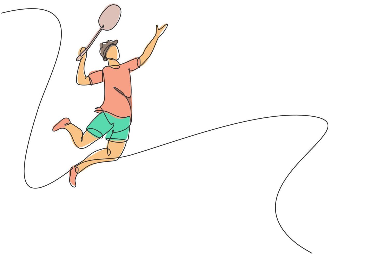 dibujo de una sola línea continua de un joven y ágil jugador de bádminton que salta y aplasta la pelota. concepto de ejercicio deportivo. ilustración vectorial de diseño de dibujo de una línea de moda para la publicación del torneo de bádminton vector