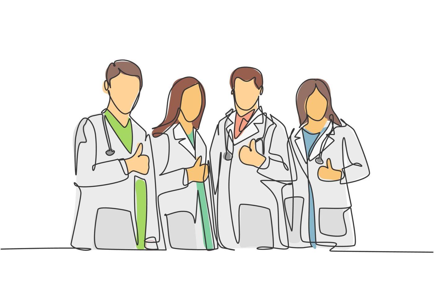 One line drawing of groups of young happy male and female doctors giving thumbs up gesture as service excellence symbol. Medical team work concept. Continuous line draw design vector illustration