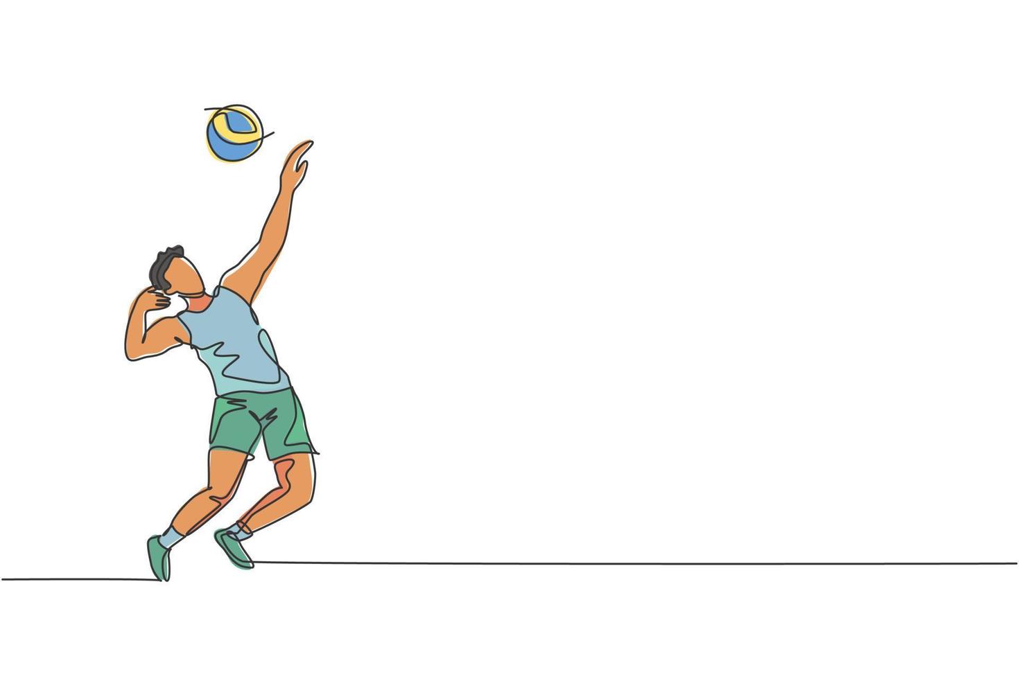 uno continuo línea dibujo joven masculino profesional vóleibol jugador en acción servir pelota en corte. sano competitivo equipo deporte concepto. dinámica soltero línea dibujar diseño vector gráfico ilustración