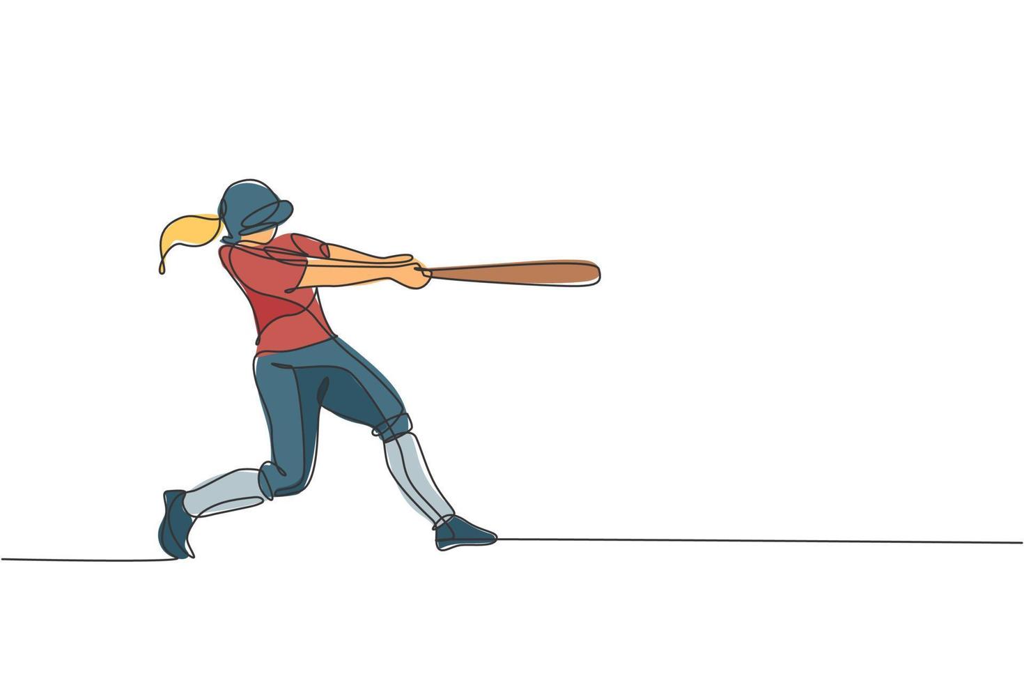 un dibujo de línea continua de una joven jugadora de béisbol deportiva que practica para golpear la pelota. concepto de deporte competitivo. ilustración gráfica de vector de diseño de dibujo de línea única dinámica para cartel de promoción