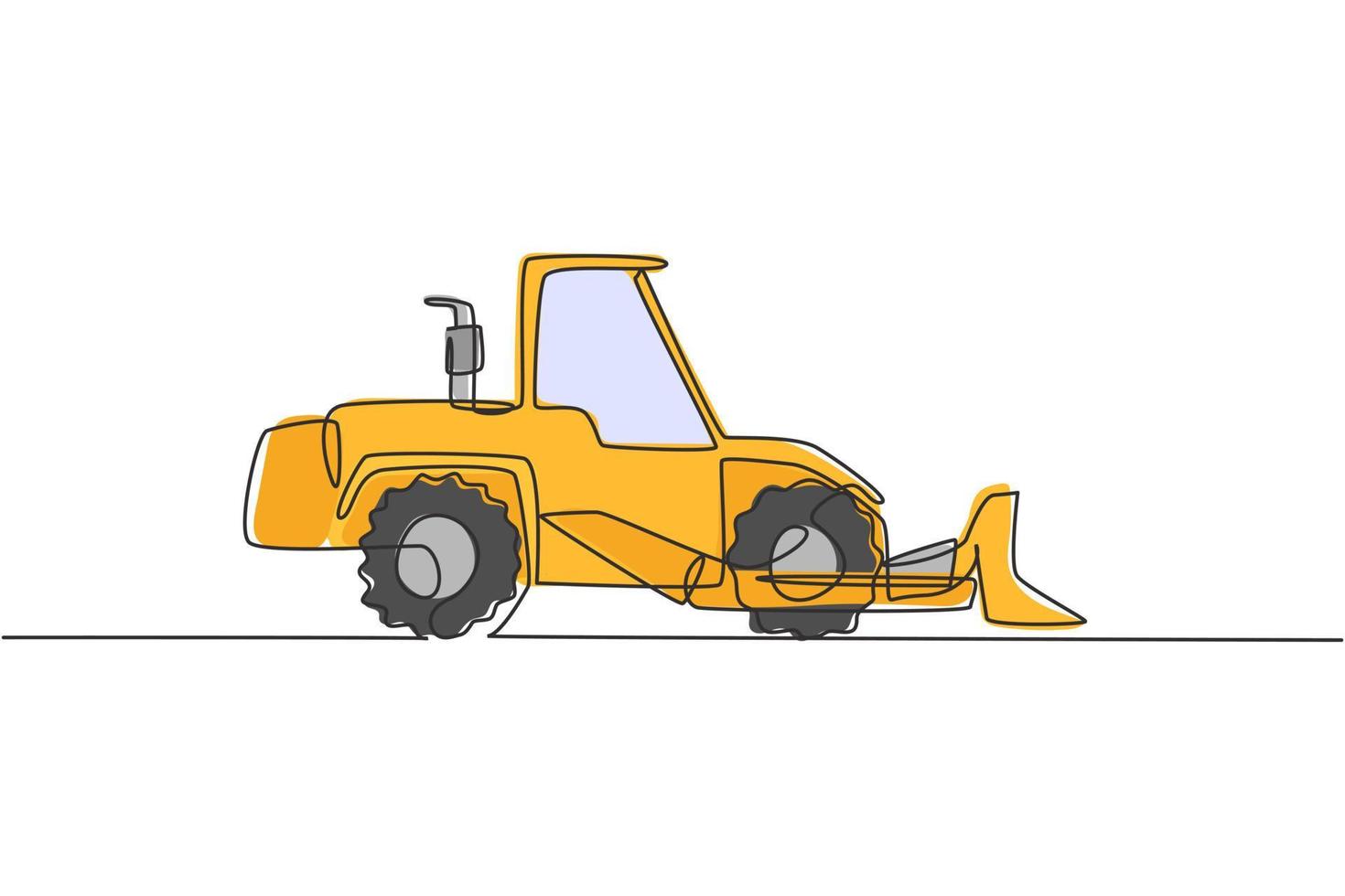 un dibujo de línea continua de bulldozer para pavimentar y excavar la carretera, vehículo comercial. concepto de equipo de camiones de construcción pesada. Ilustración de vector gráfico de diseño de dibujo de línea única dinámica