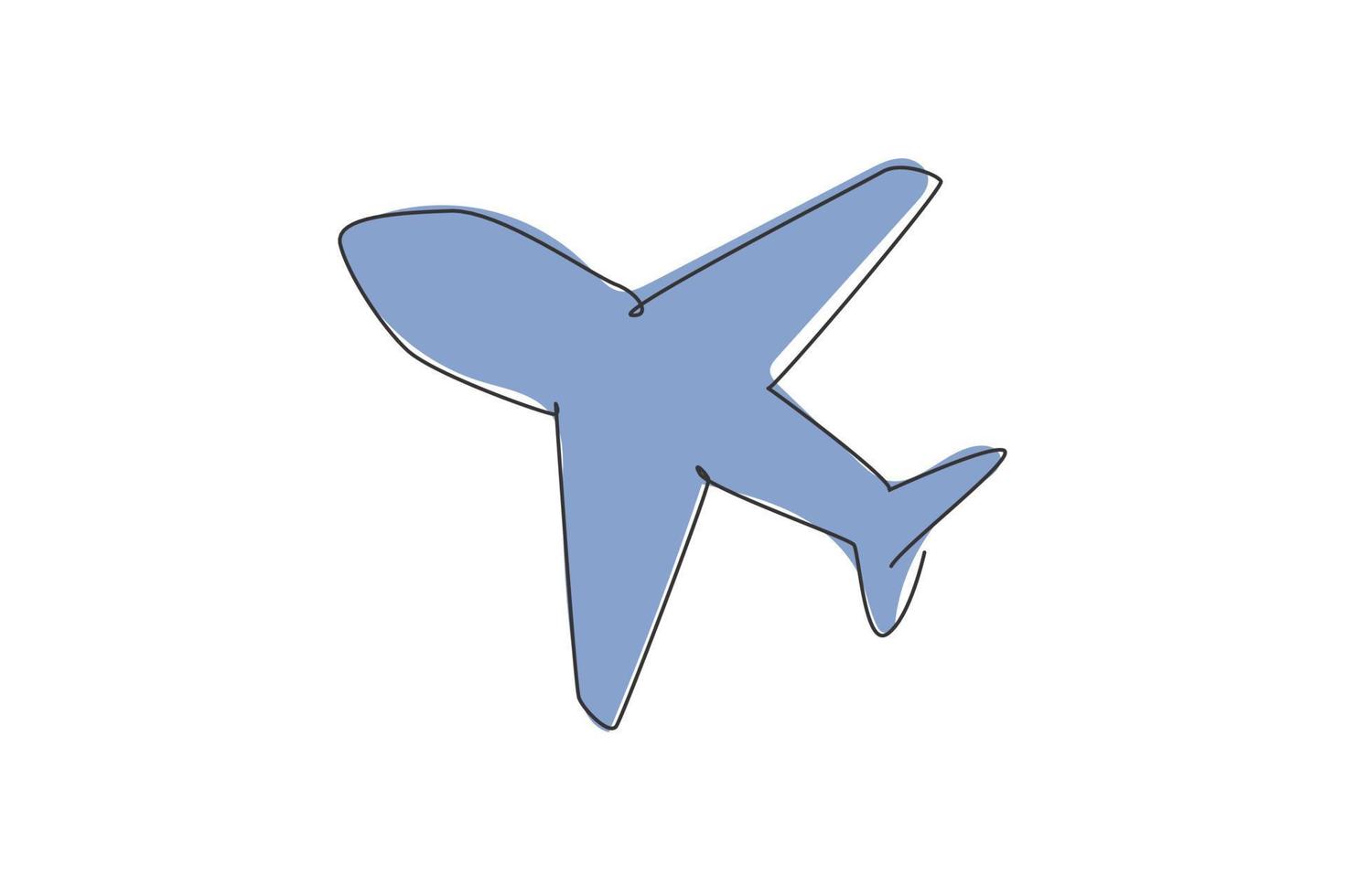 Single one line drawing of flying airplane. Transportation icon silhouette for education concept.  Travel business presentation clipart isolated on white background. Design vector graphic illustration