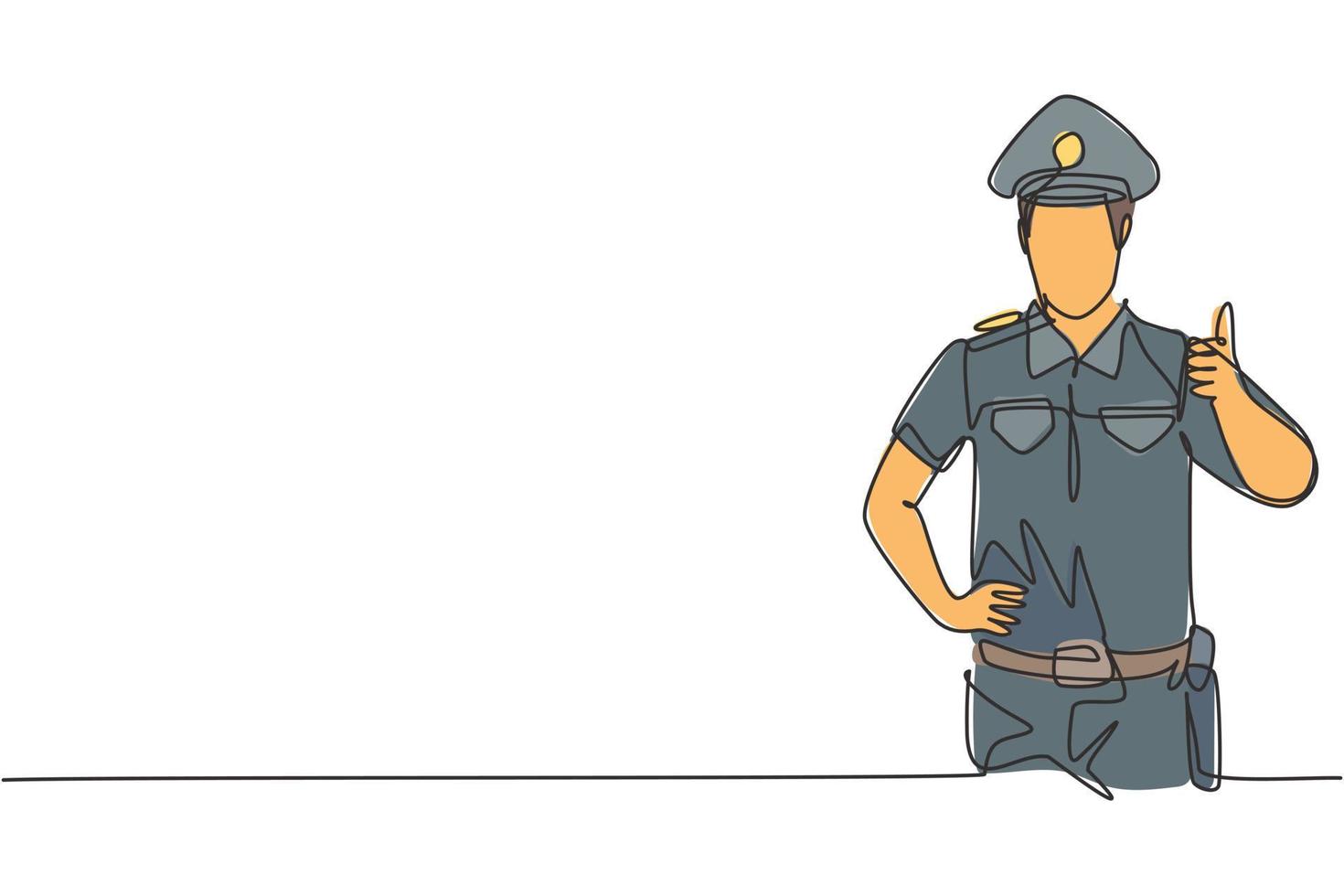Una línea continua dibujando al policía con un gesto de pulgar hacia arriba y en uniforme completo está listo para imponer la disciplina de tráfico en la carretera. Ilustración gráfica de vector de diseño de dibujo de una sola línea.