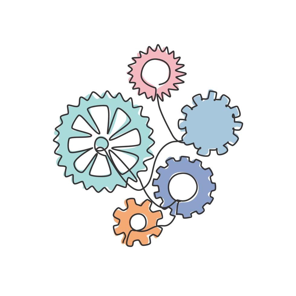 Single continuous line drawing of gear engine mechanic for logo label. Teamwork at industrial company logotype symbol template concept. Dynamic one line draw graphic vector illustration for cooperate