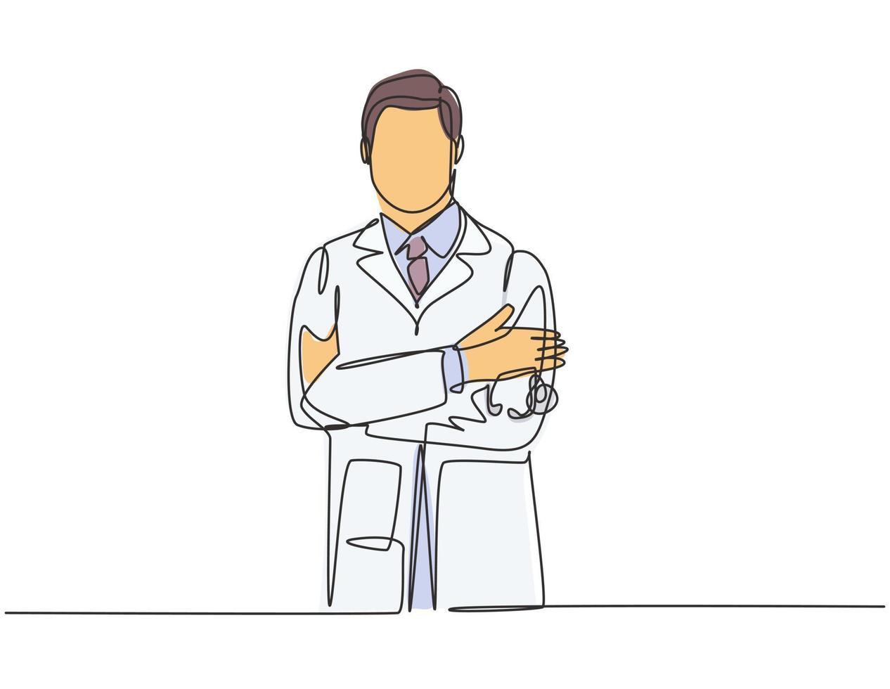 One single line drawing of young happy male doctor pose standing while hold a stethoscope and cross hands on chest. Medical healthcare service concept continuous line draw design vector illustration