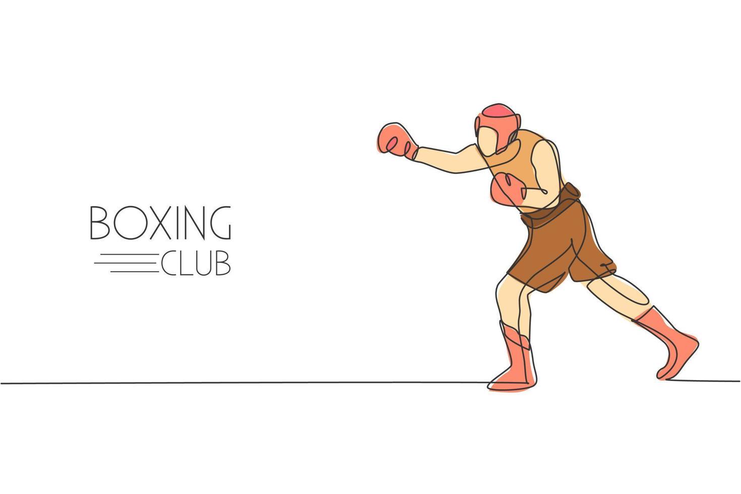 One single line drawing of young energetic man boxer improve his attack punch vector illustration. Sport combative training concept. Modern continuous line draw design for boxing championship banner
