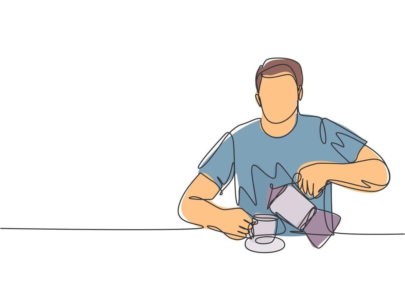 un dibujo continuo de una sola línea de un joven atractivo feliz vertiendo café original negro y oscuro caliente de la cafetera a una taza. Beber té concepto dibujos animados diseño ilustración vectorial vector