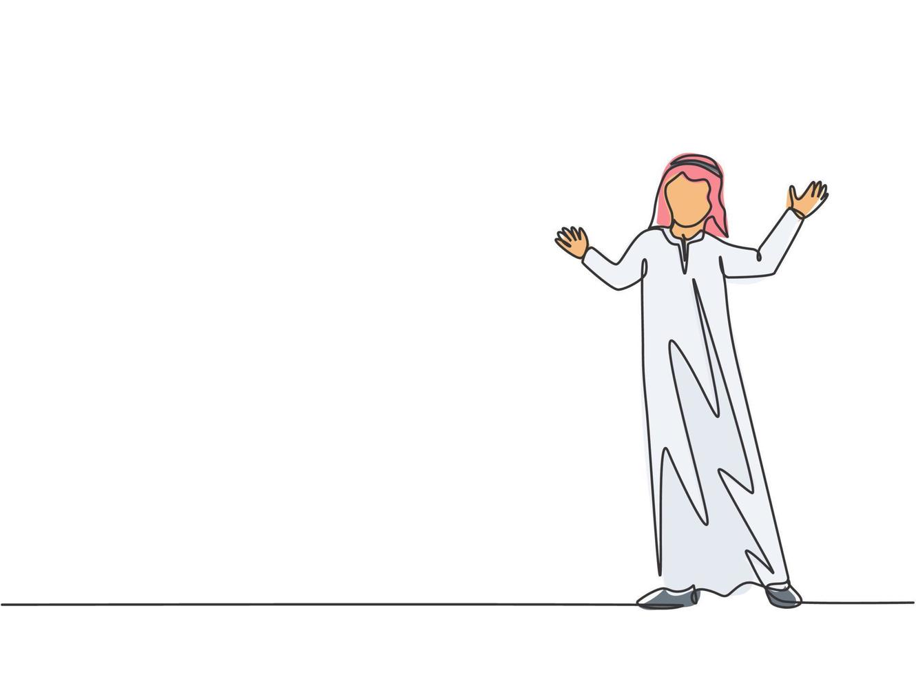 Single continuous line drawing young Arab business man doing business presentation at office. Speaker at business conference minimalist concept. One line draw graphic design vector illustration.