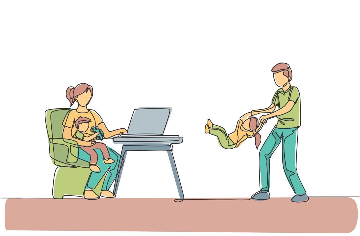 One continuous line drawing of young mother work typing on laptop and father playing with daughter at home. Happy family parenting concept. Dynamic single line draw design vector illustration