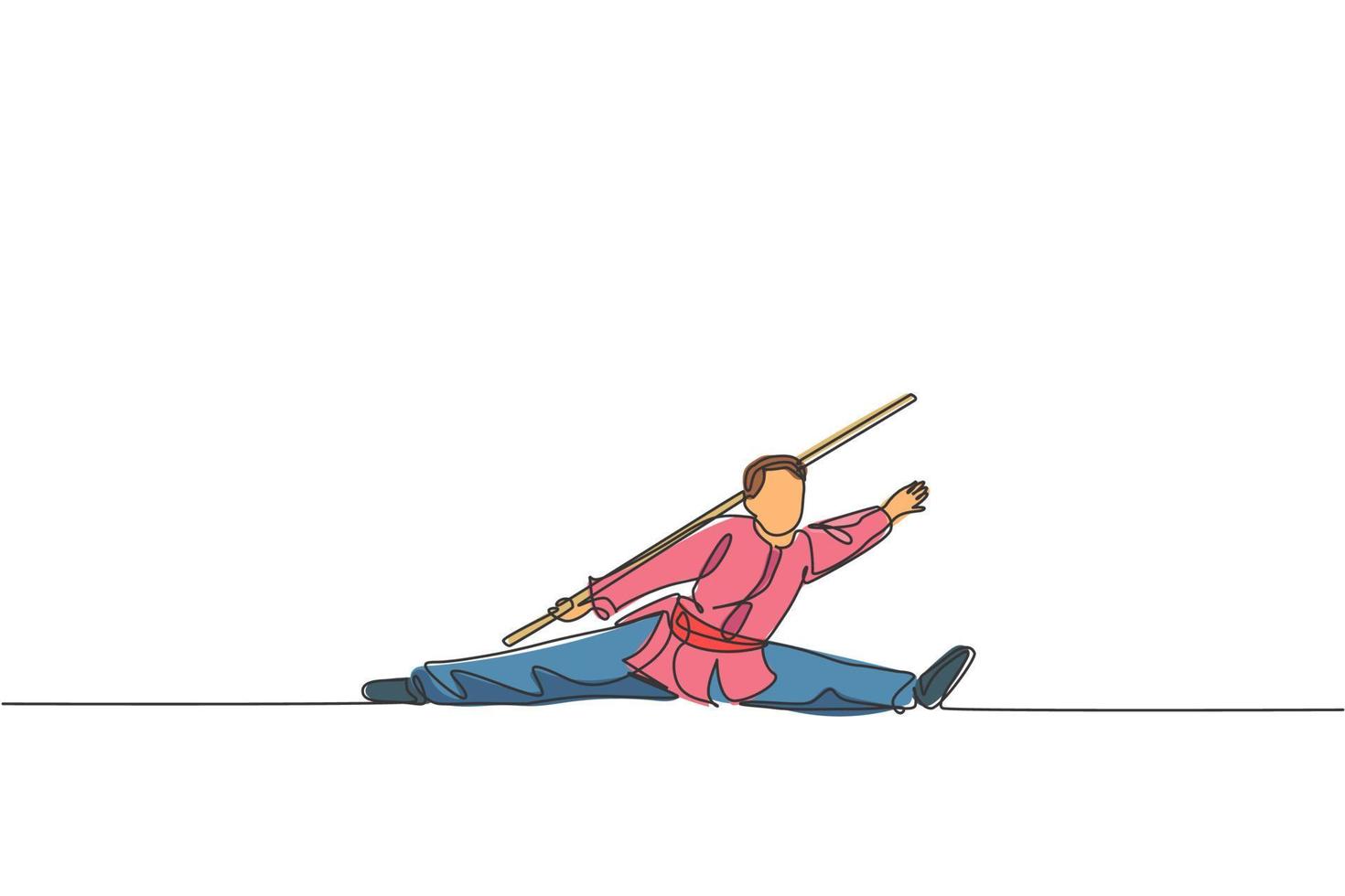 One continuous line drawing of wushu master man, kung fu warrior in kimono with long stick staff on training. Martial art sport contest concept. Dynamic single line draw design vector illustration