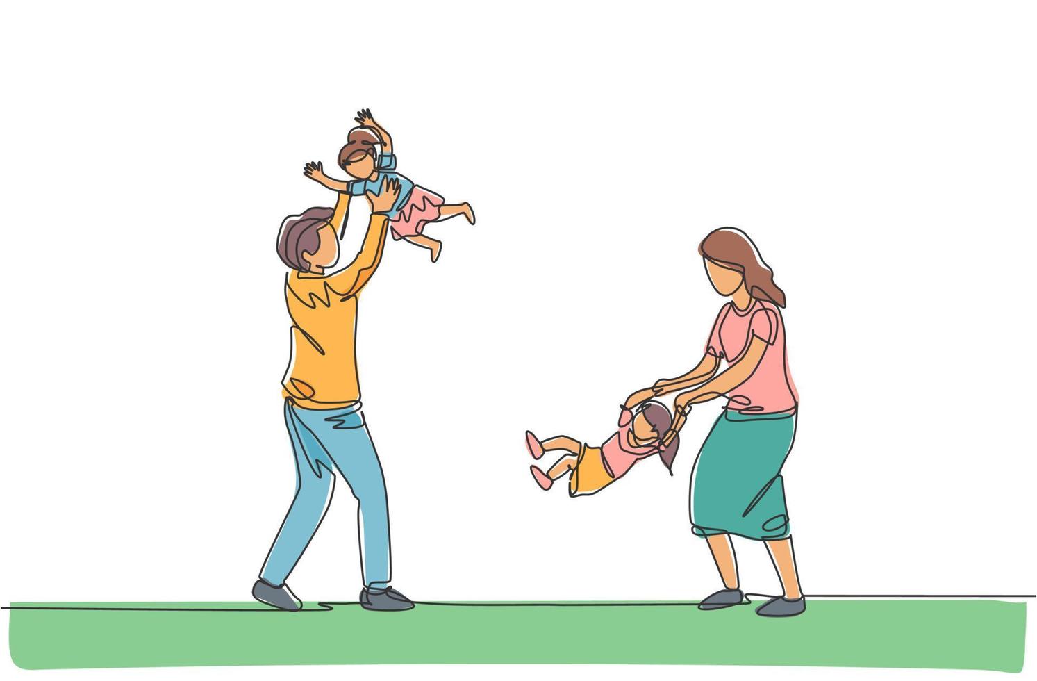 Single continuous line drawing of young mother and father playing with their twin daughter at home. Happy family parenting concept. Trendy one line draw design vector illustration