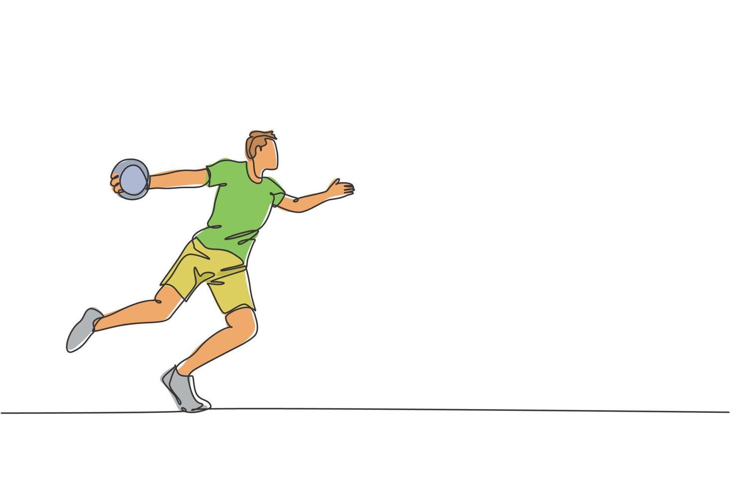 One continuous line drawing of young sporty woman exercise to throw discus on the ground field. Athletic games. Olympic sport concept. Dynamic single line draw design vector graphic illustration