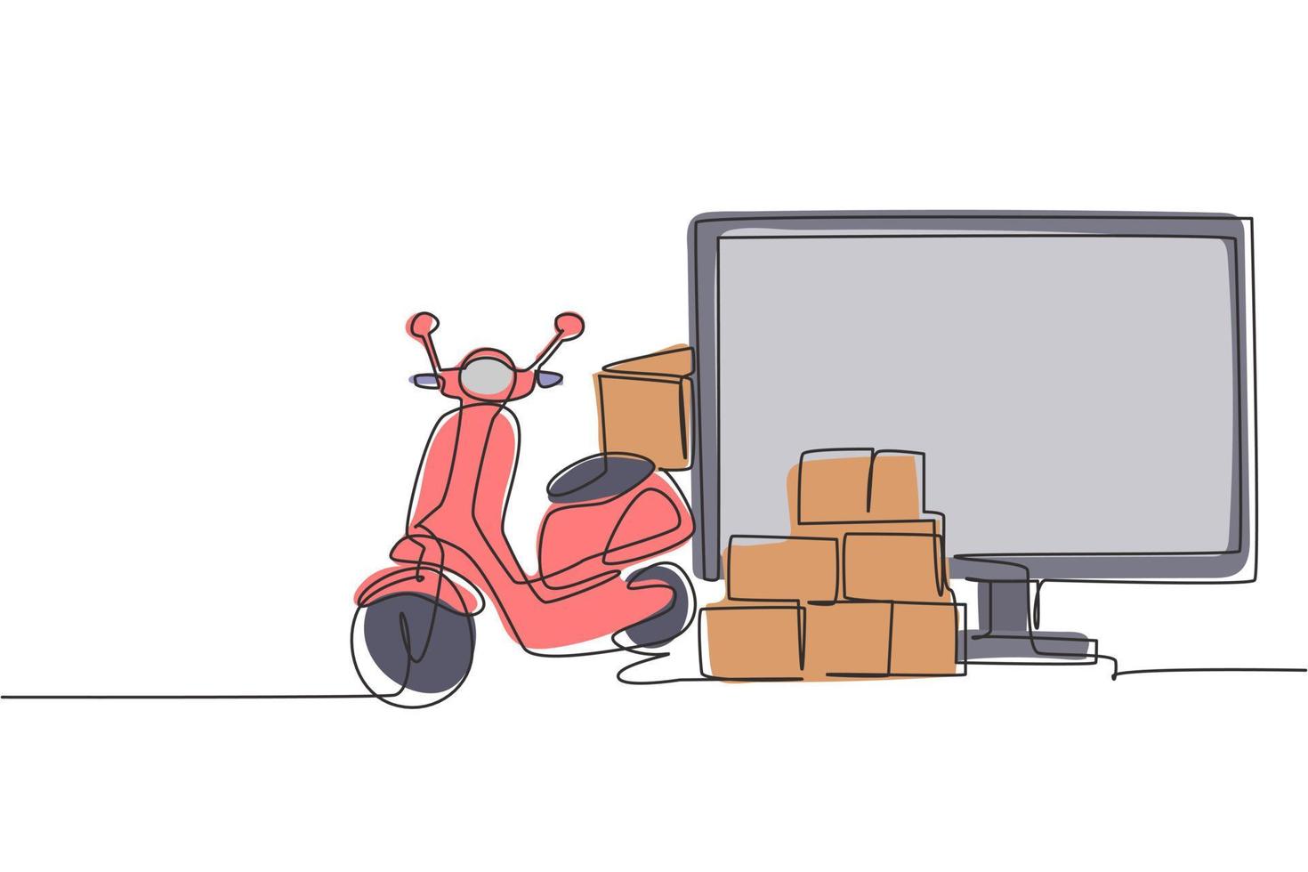 Single one line drawing giant monitor standing in front of courier scooter and pile of package boxes. Online delivery service concept. Modern continuous line draw design graphic vector illustration