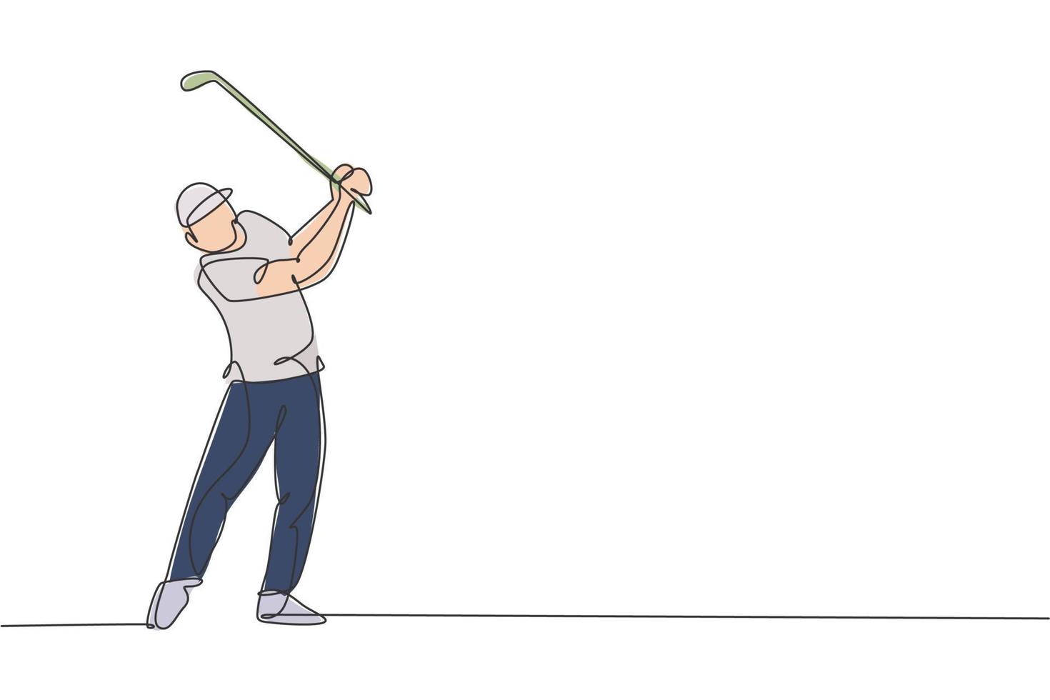 un dibujo de una sola línea de un joven jugador de golf deportivo golpeó la pelota usando la ilustración gráfica del vector del club de golf. concepto de deporte saludable. diseño moderno de dibujo de línea continua para el cartel del torneo de golf