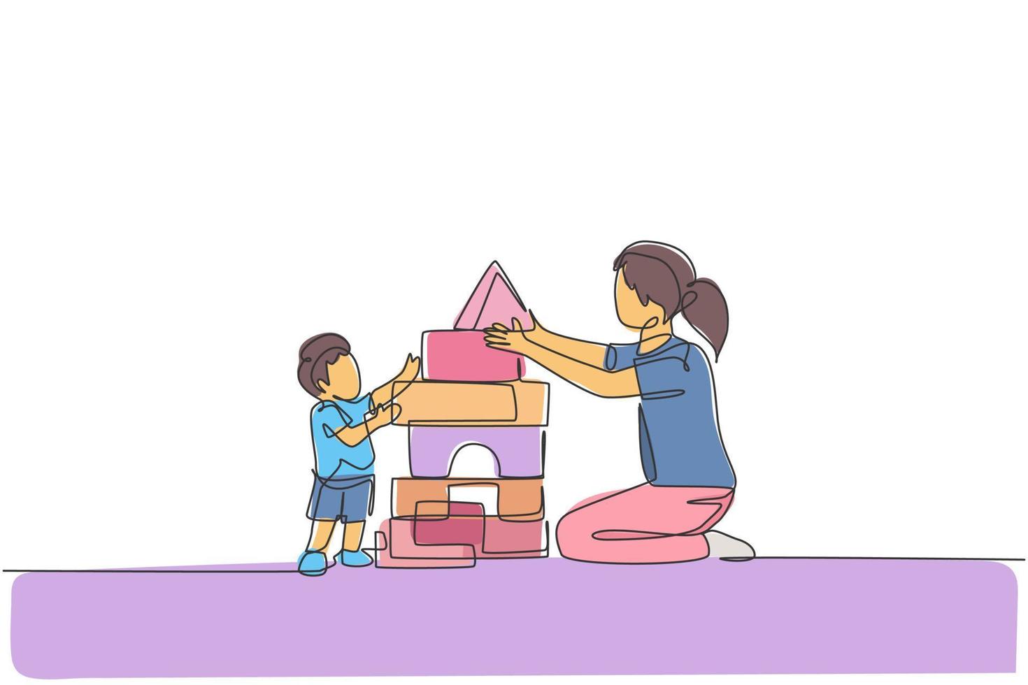 One single line drawing of young mom playing with her son building a house from foam puzzle block toy, parenting vector illustration. Happy family playing together concept. Continuous line draw design
