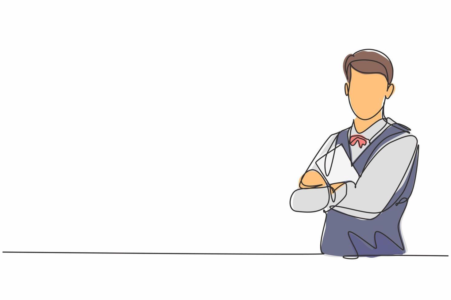 Single continuous line drawing of young male waiter cross arm on chest while holding resto menu. Professional work job occupation. Minimalism concept one line draw graphic design vector illustration