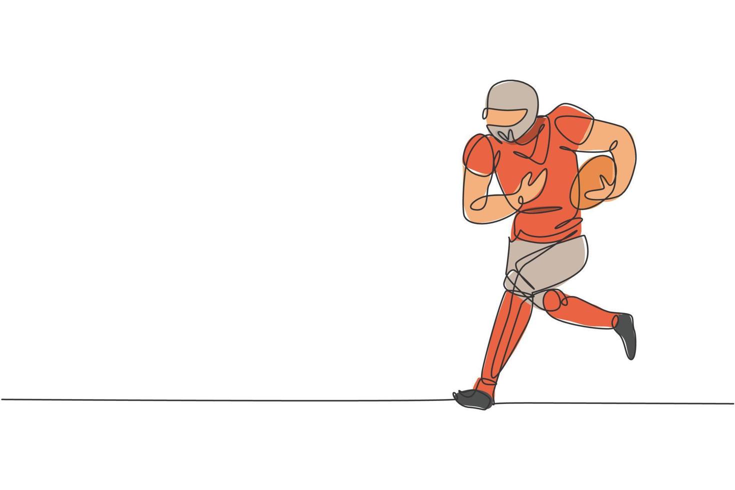 dibujo de una sola línea continua de un joven jugador de fútbol americano ágil corriendo rápido para evitar el equipo rival para los medios de competencia. concepto de ejercicio deportivo. ilustración de vector de diseño de dibujo de una línea de moda