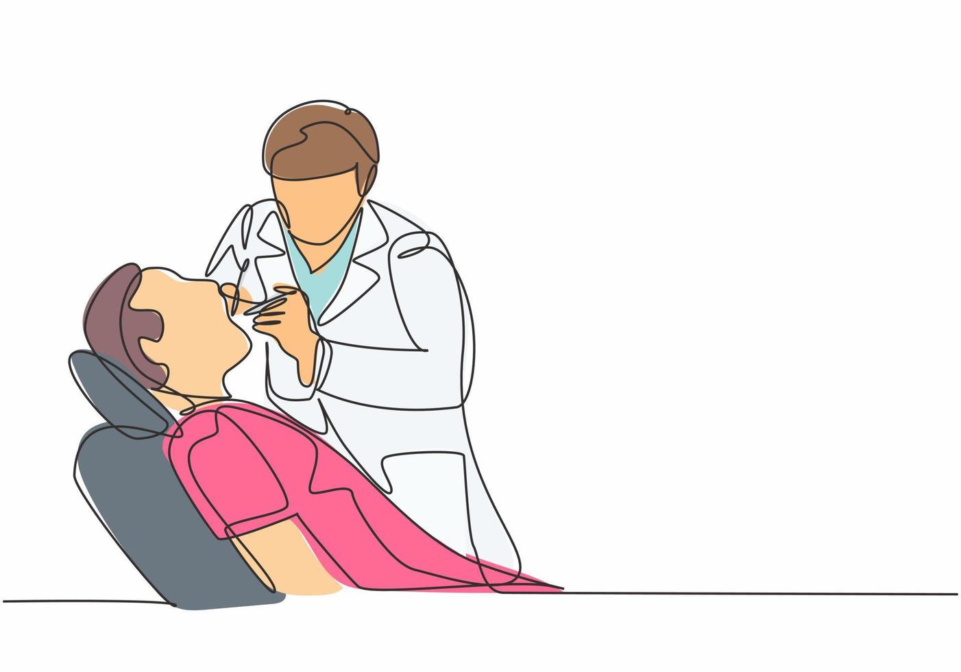 Single continuous line drawing of young male dentist examining patient teeth condition and doing tooth filling. Medical health care service workers concept one line draw design vector illustration