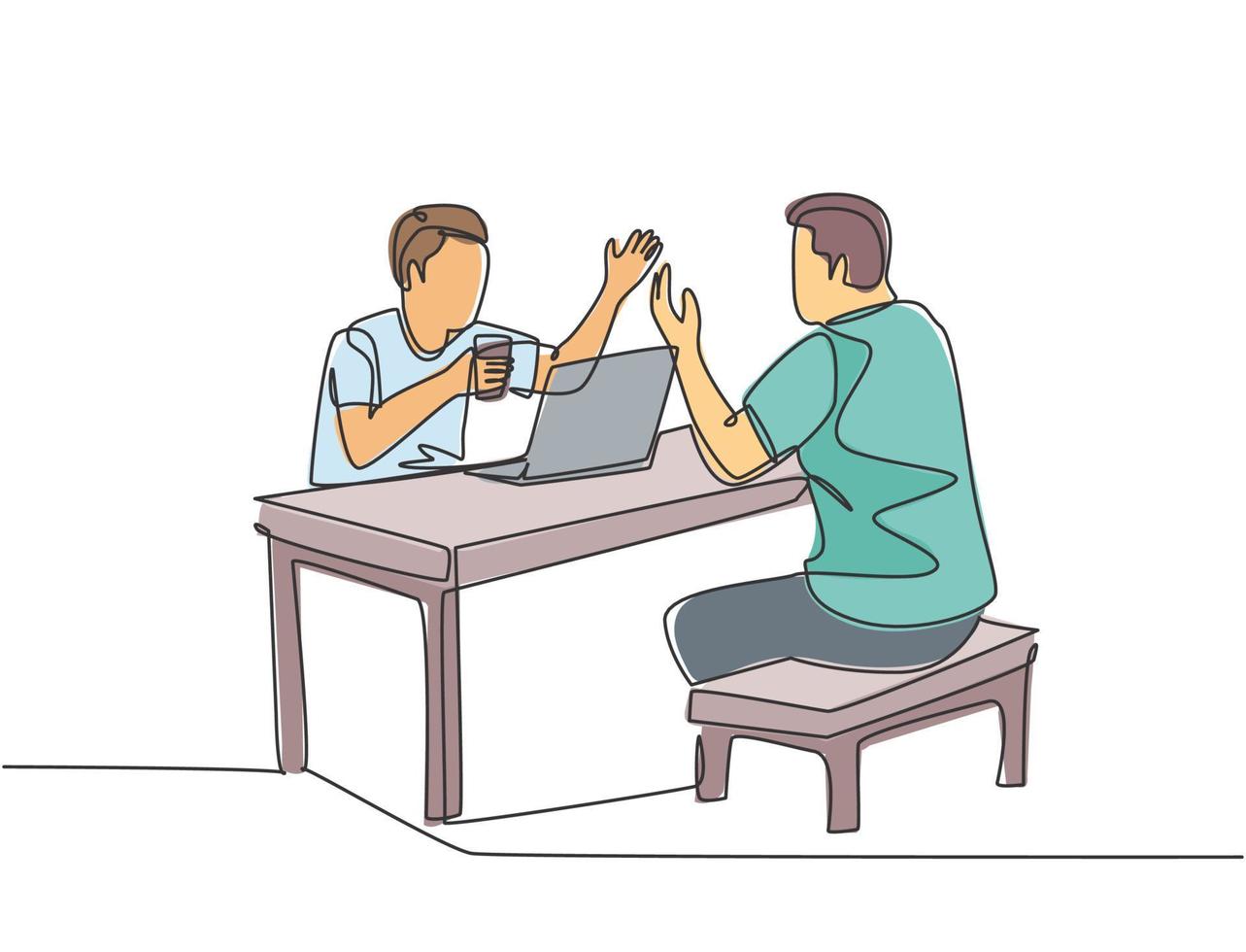 One continuous line drawing of young happy manager drink a cup of coffee and discussing business project. Working together on co working space concept single line draw design vector illustration