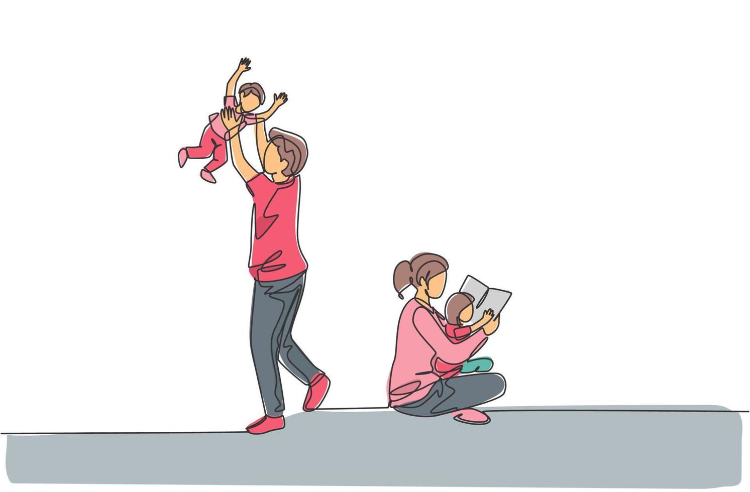 One single line drawing of young sitting on floor and reading book to daughter while dad playing with son at home vector illustration. Happy family parenting concept. Continuous line draw design