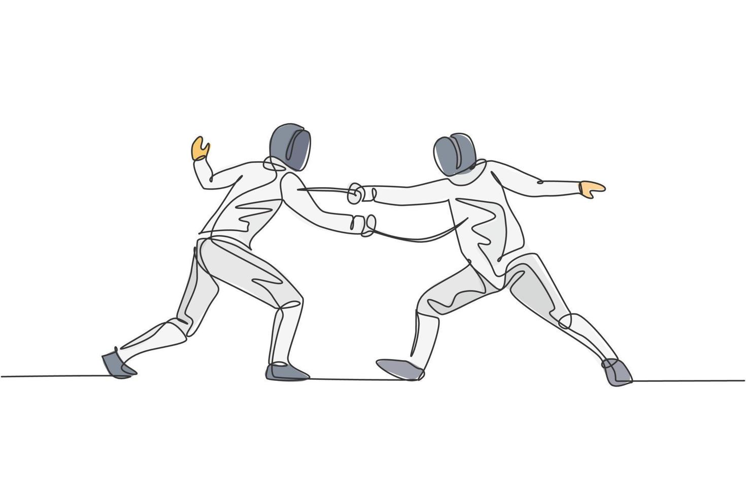 Single continuous line drawing of two young pro fencer athlete women in fencing mask and rapier duel at gym arena. Fighting sport competition concept. Trendy one line draw design vector illustration